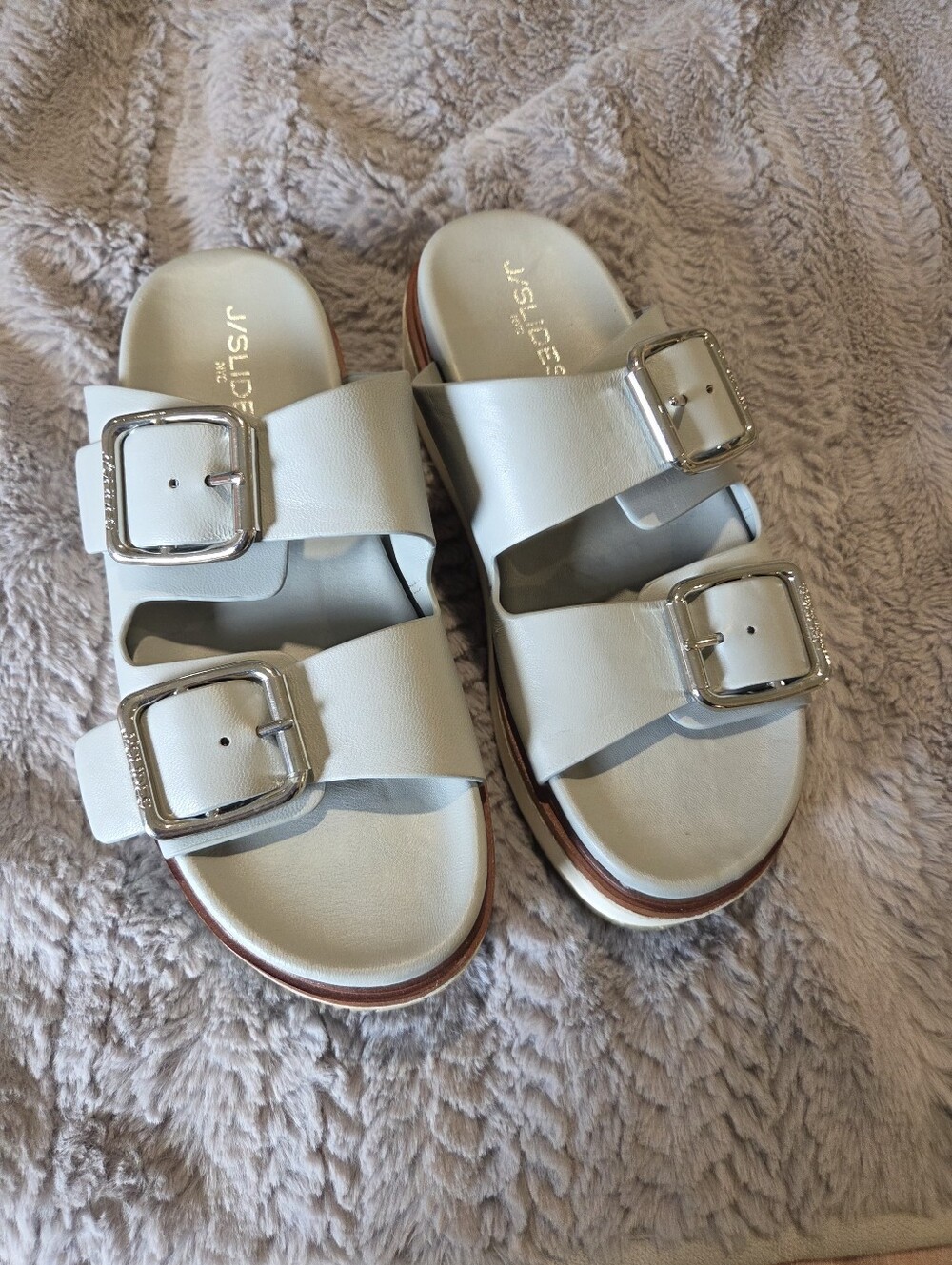 J/SLIDES Gray Double Buckle Leather Slides with Silver Buckles